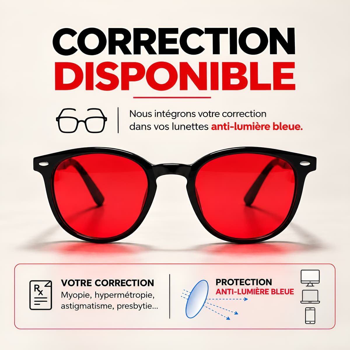 Lunettes Bleuvex aux verres rouges sous le titre « Correction disponible »